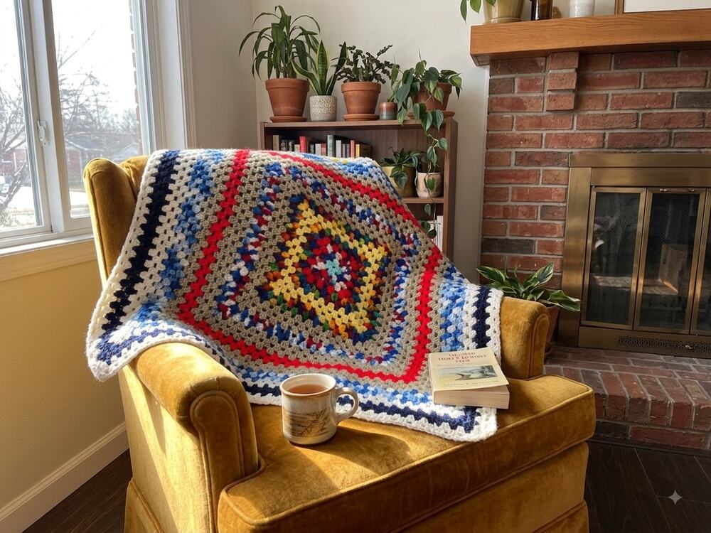 Vintage Crochet Granny Square Blanket Throw Large Colorful Rainbow Blue Border